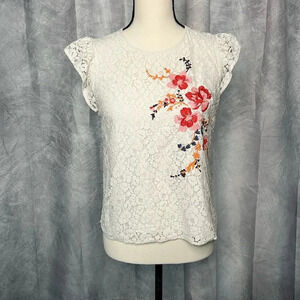 Xhiliaration White Lace Flutter Sleeve Blouse with Pink, Red, Orange and Purple